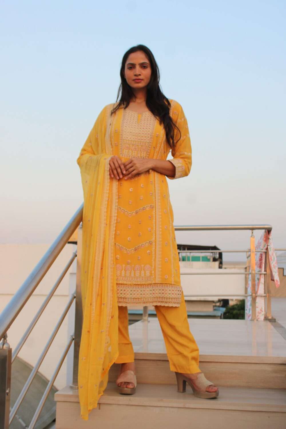 Yellow Pakistani suit with Embroidery and Chamki work - Image 11