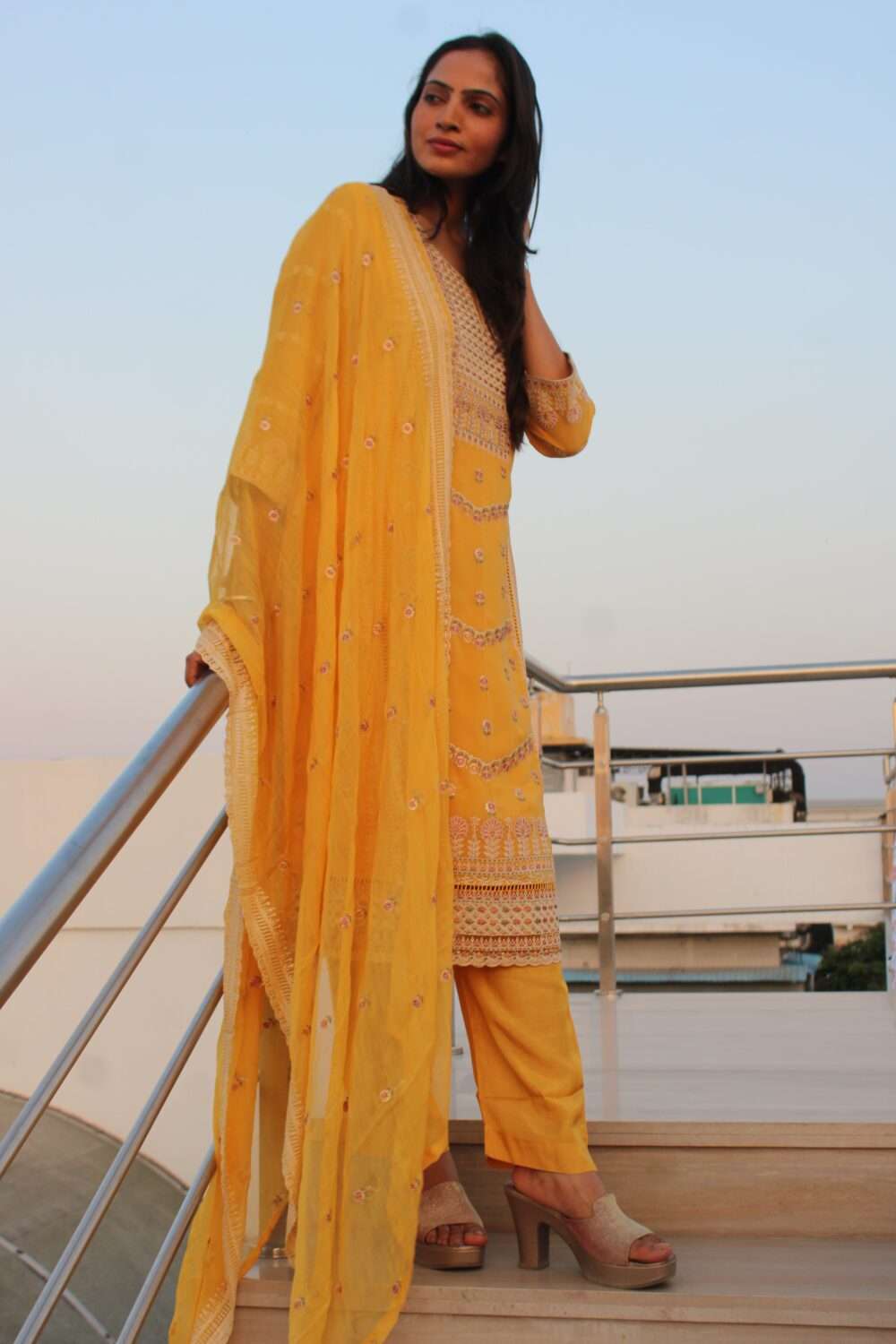 Yellow Pakistani suit with Embroidery and Chamki work - Image 10