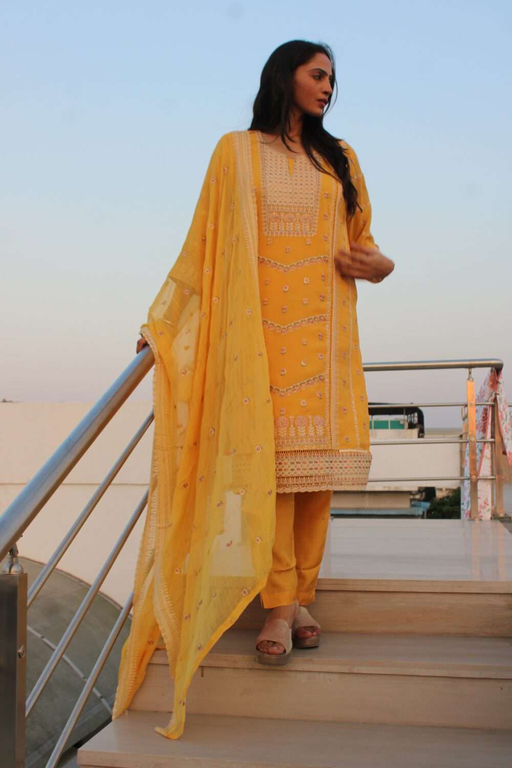 Yellow Pakistani suit with Embroidery and Chamki work - Image 9
