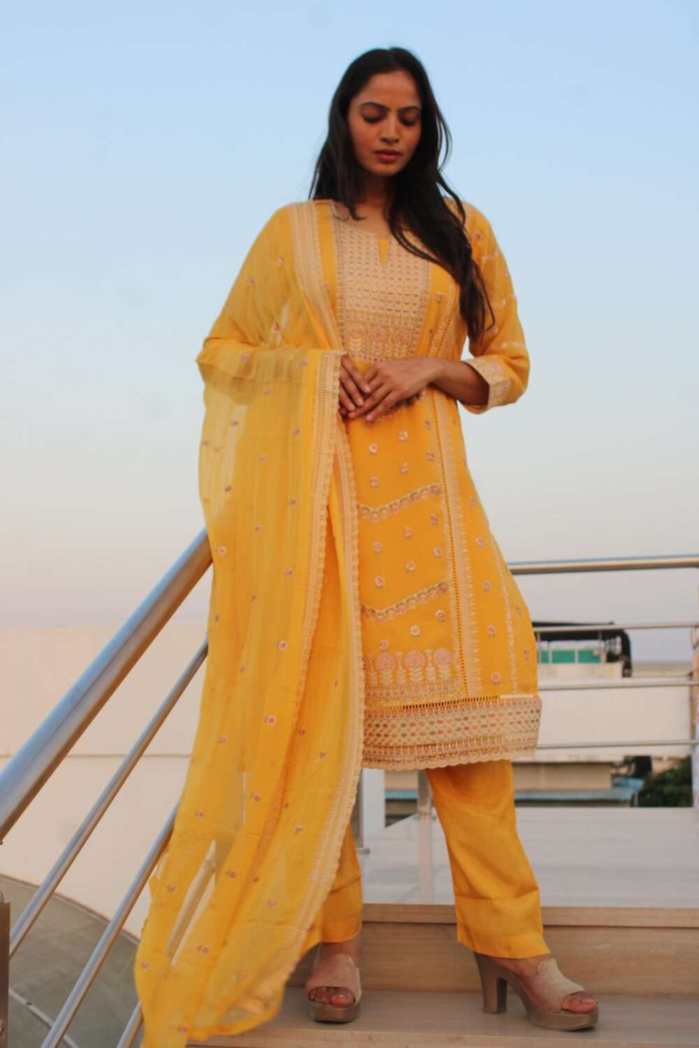 Yellow Pakistani suit with Embroidery and Chamki work - Image 8