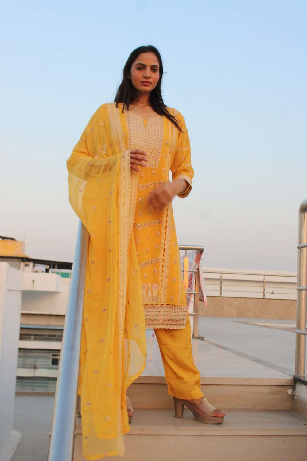 Yellow Pakistani suit with Embroidery and Chamki work - Image 7