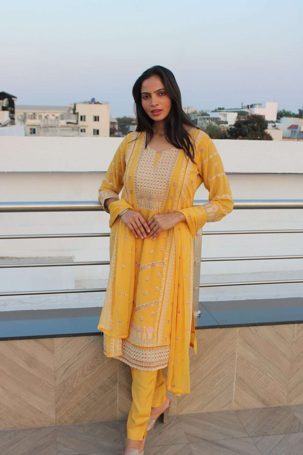Yellow Pakistani suit with Embroidery and Chamki work - Image 6