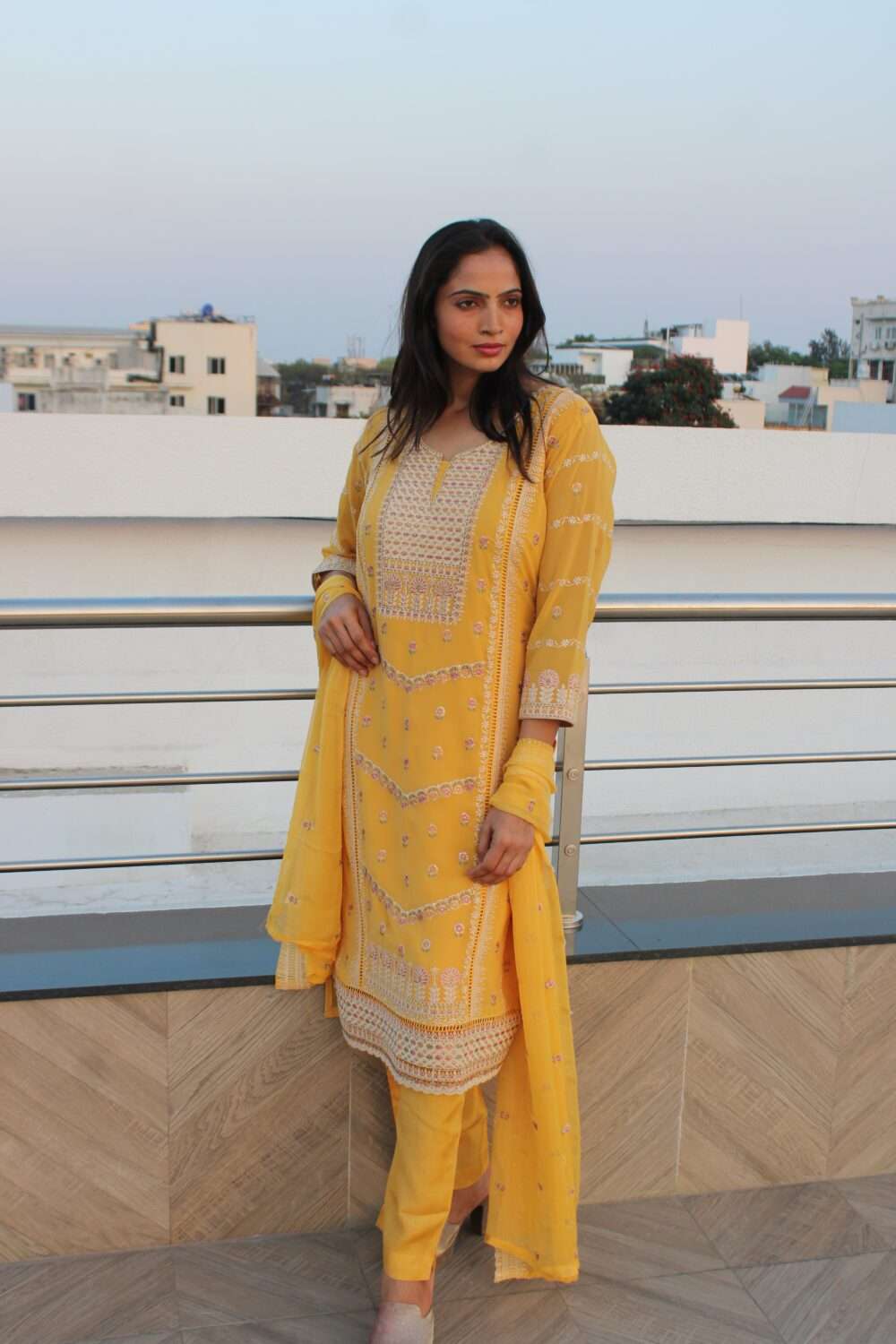 Yellow Pakistani suit with Embroidery and Chamki work - Image 5