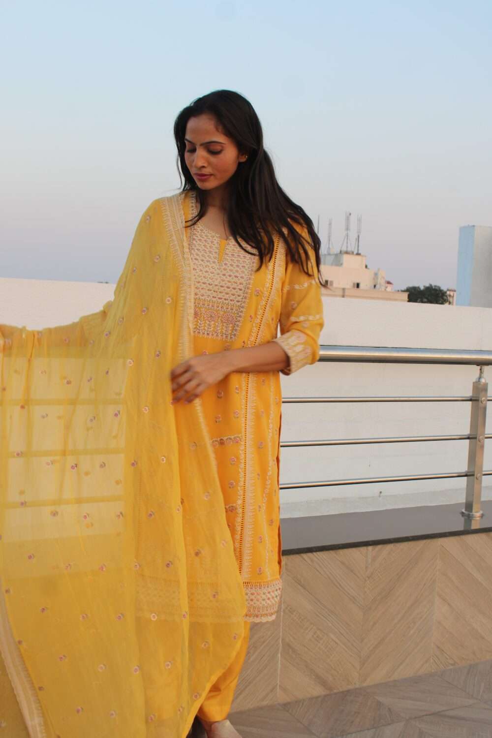 Yellow Pakistani suit with Embroidery and Chamki work - Image 4
