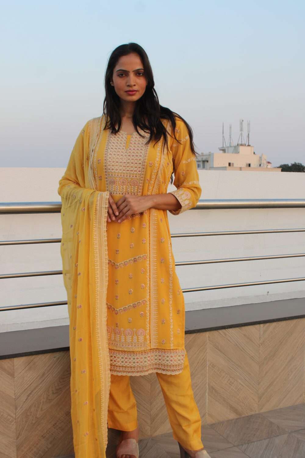 Yellow Pakistani suit with Embroidery and Chamki work - Image 3