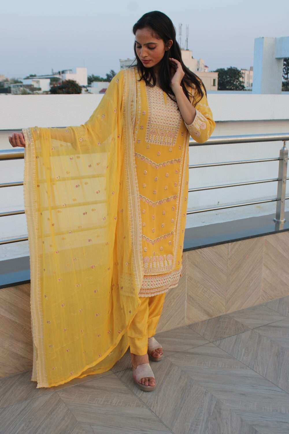 Yellow Pakistani suit with Embroidery and Chamki work - Image 2