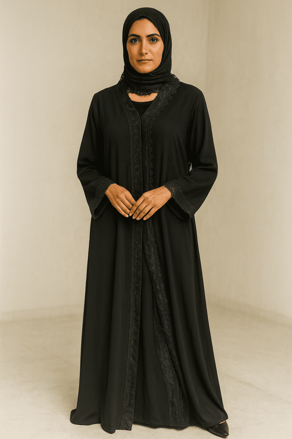 Black Abaya with Lacework and Stonework