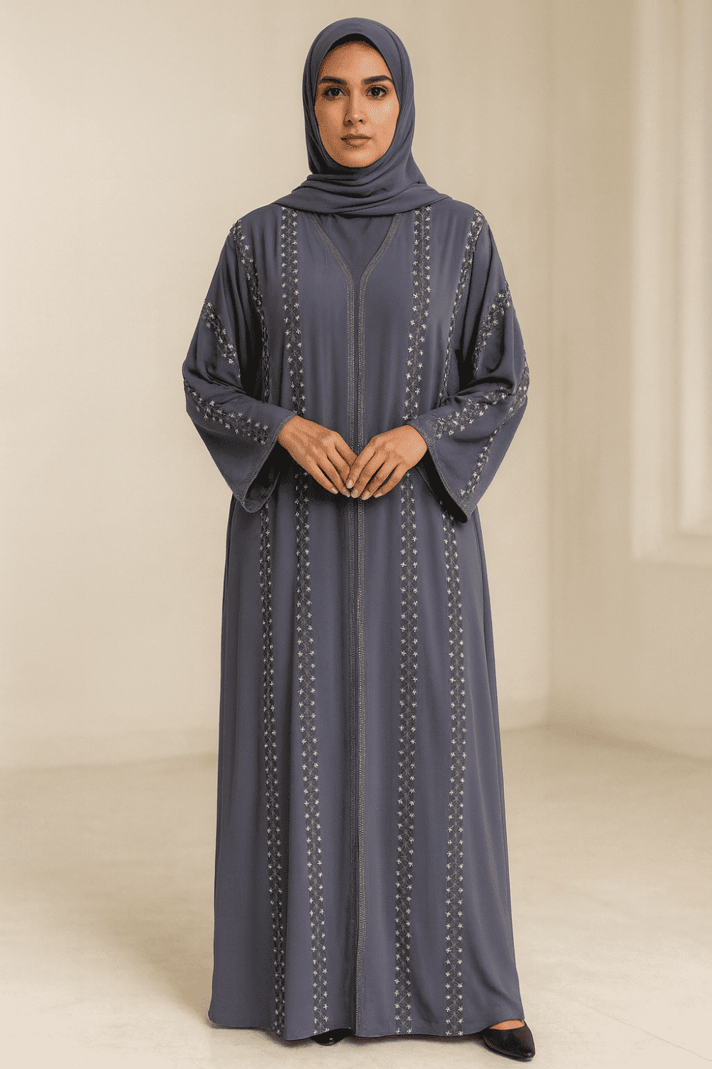 Grey Abaya with Stonework and Embroidery