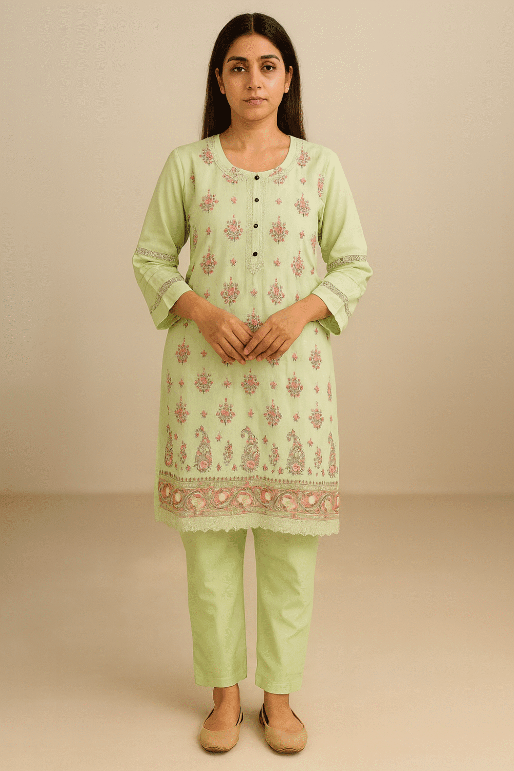 Green Suit with Embroidery Work & Lace Work