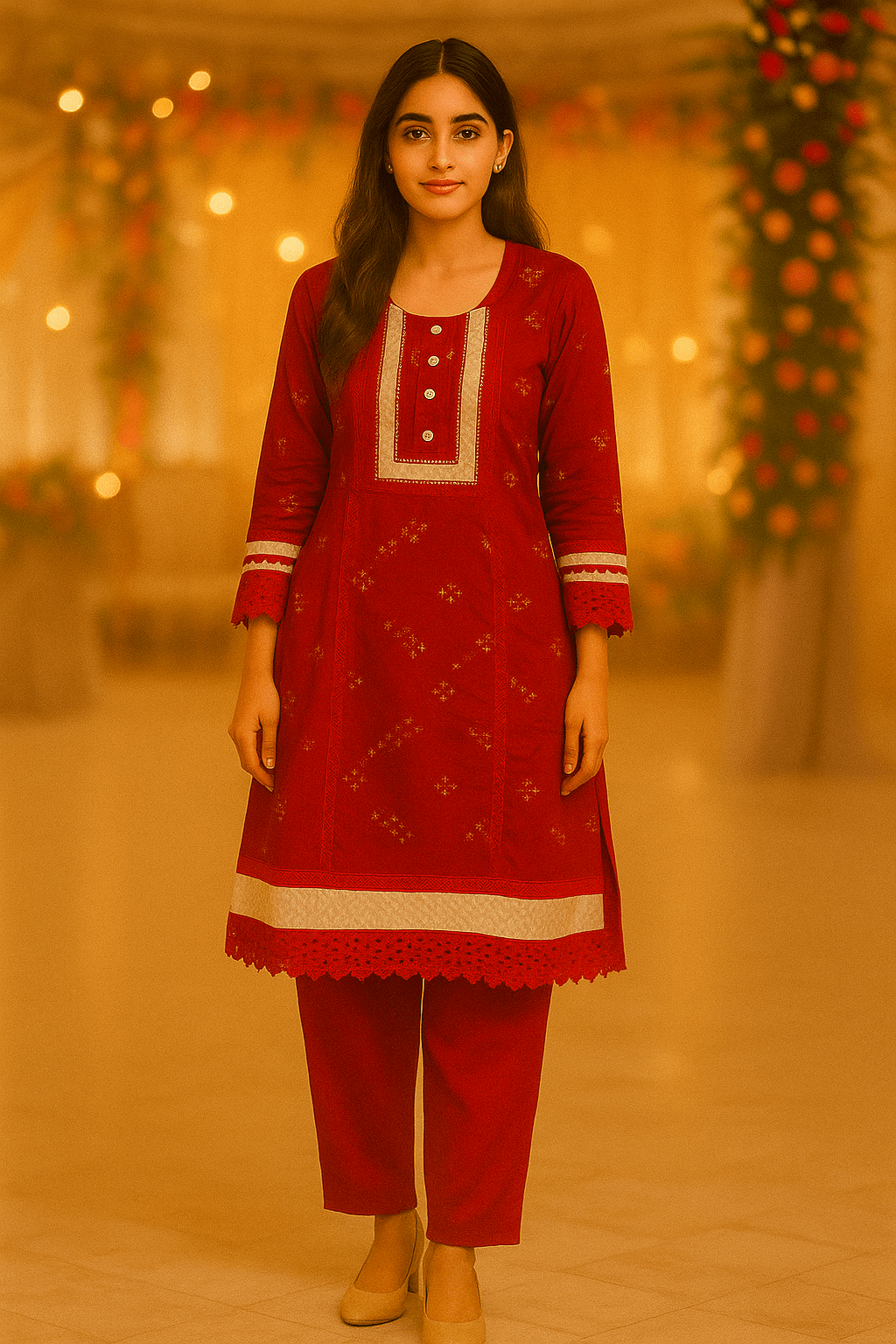 Red & White Suit with Printing, Lacework & Embroidery - Image 3