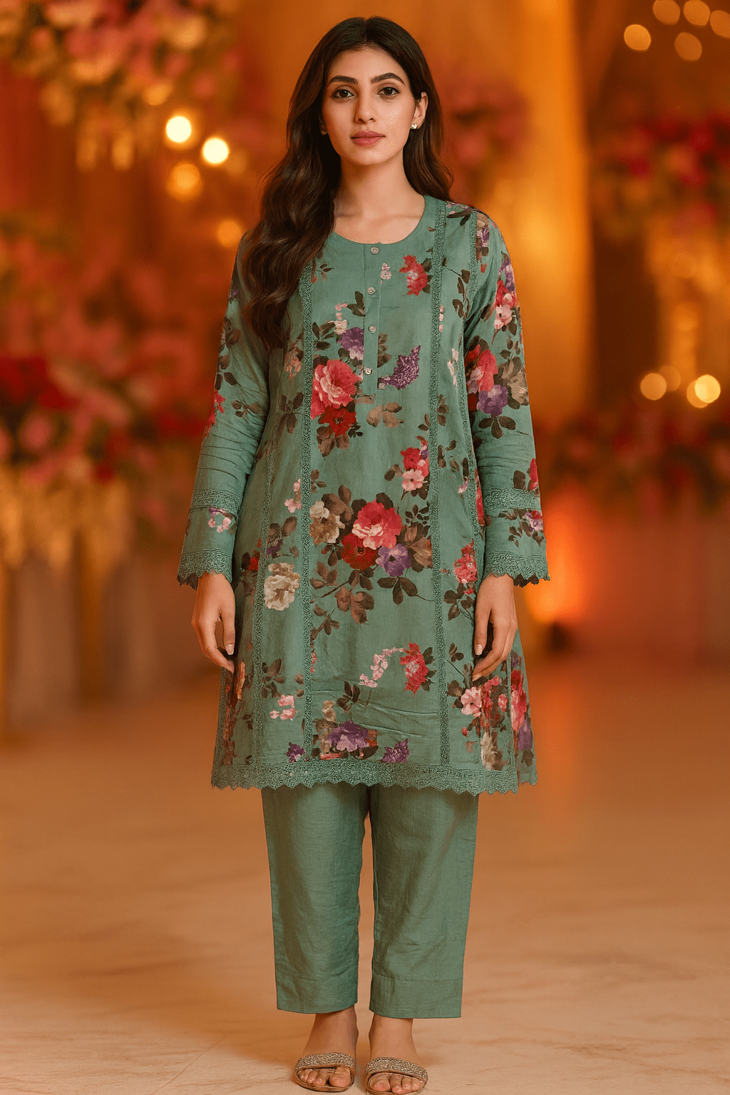 Blue Pakistani Printed Suit with Lace Work - Image 2