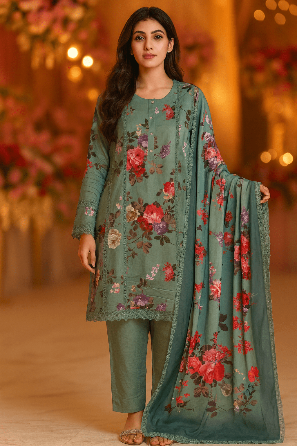 Blue Pakistani Printed Suit with Lace Work