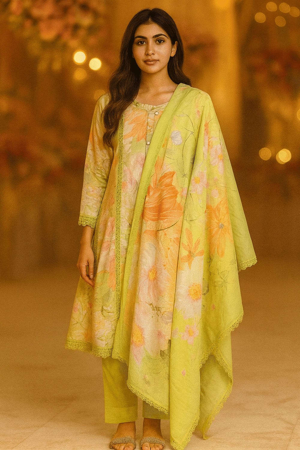 Yellow Pakistani Printed Suit with Lace Work