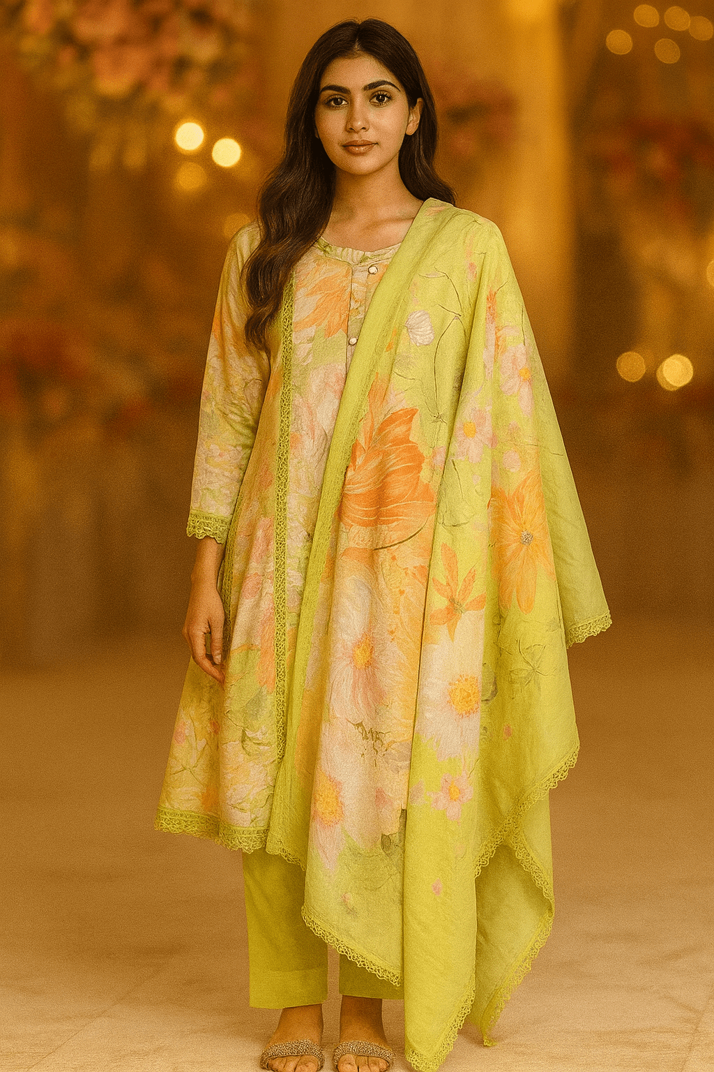 Yellow Pakistani Printed Suit with Lace Work