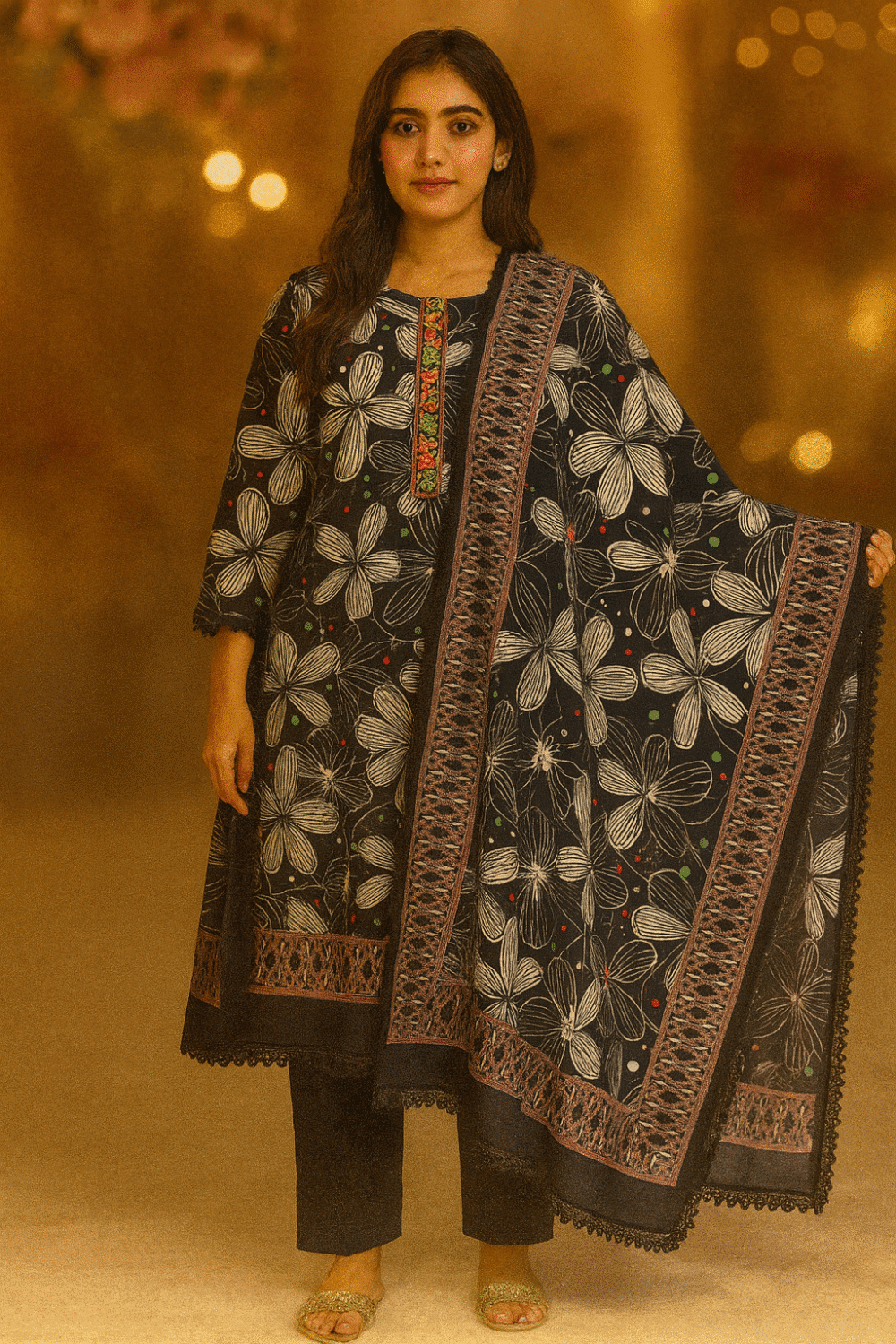 Black Printed Suit with Embroidery