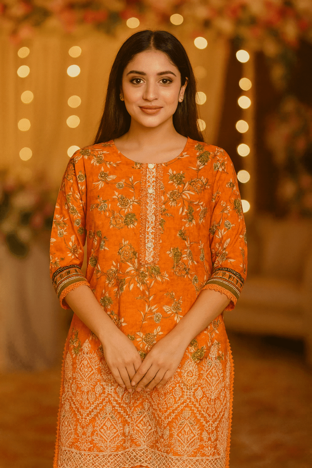 Orange Suit with Lace Work & Design
