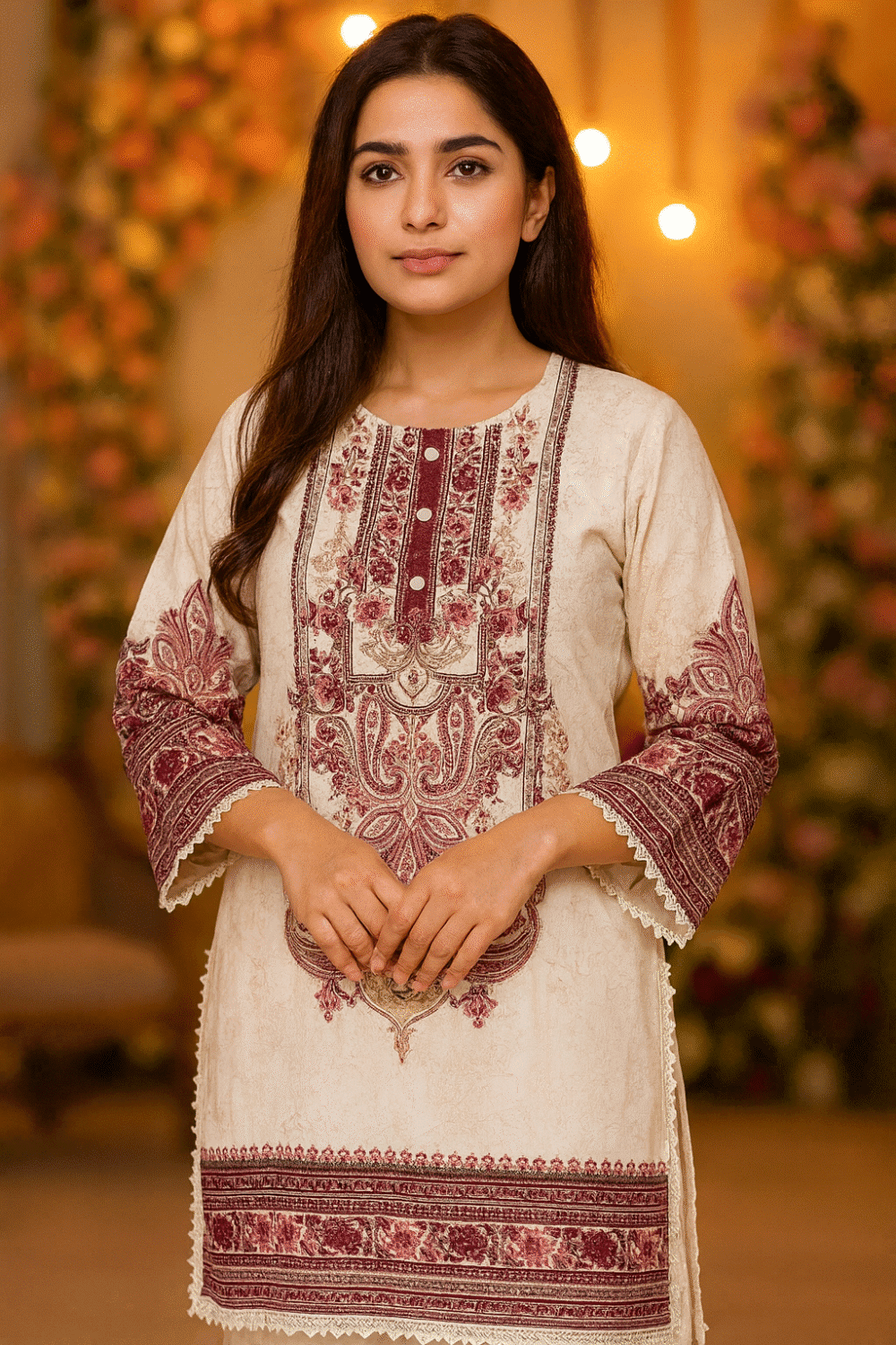 White Suit with Lace Work & Printed Work