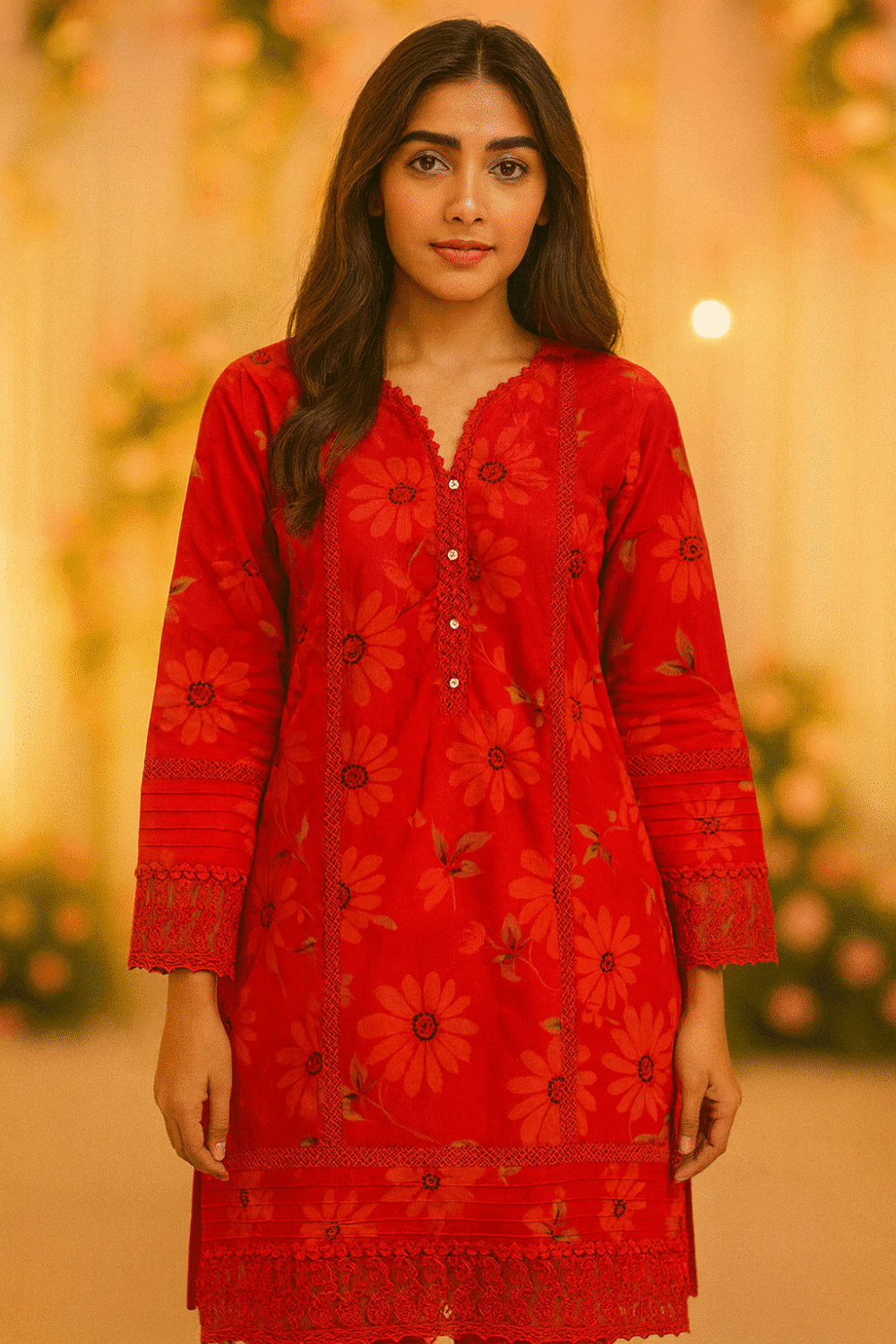 Red Pakistani Printed Suit with Embroidery & Lace Work