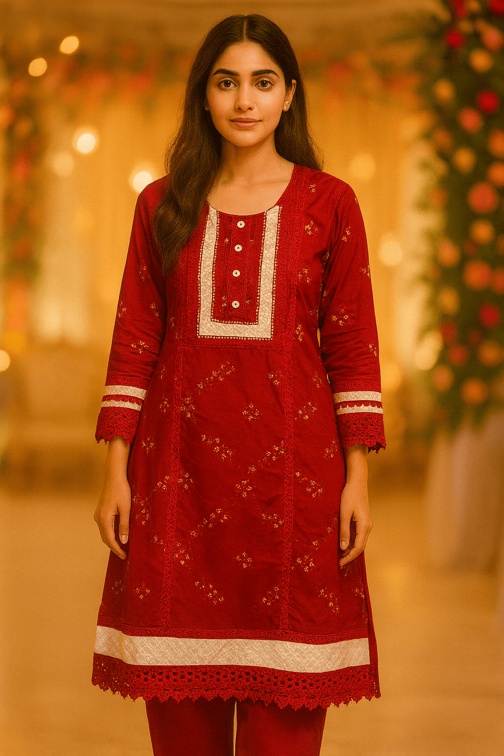 Red & White Suit with Printing, Lacework & Embroidery - Image 2