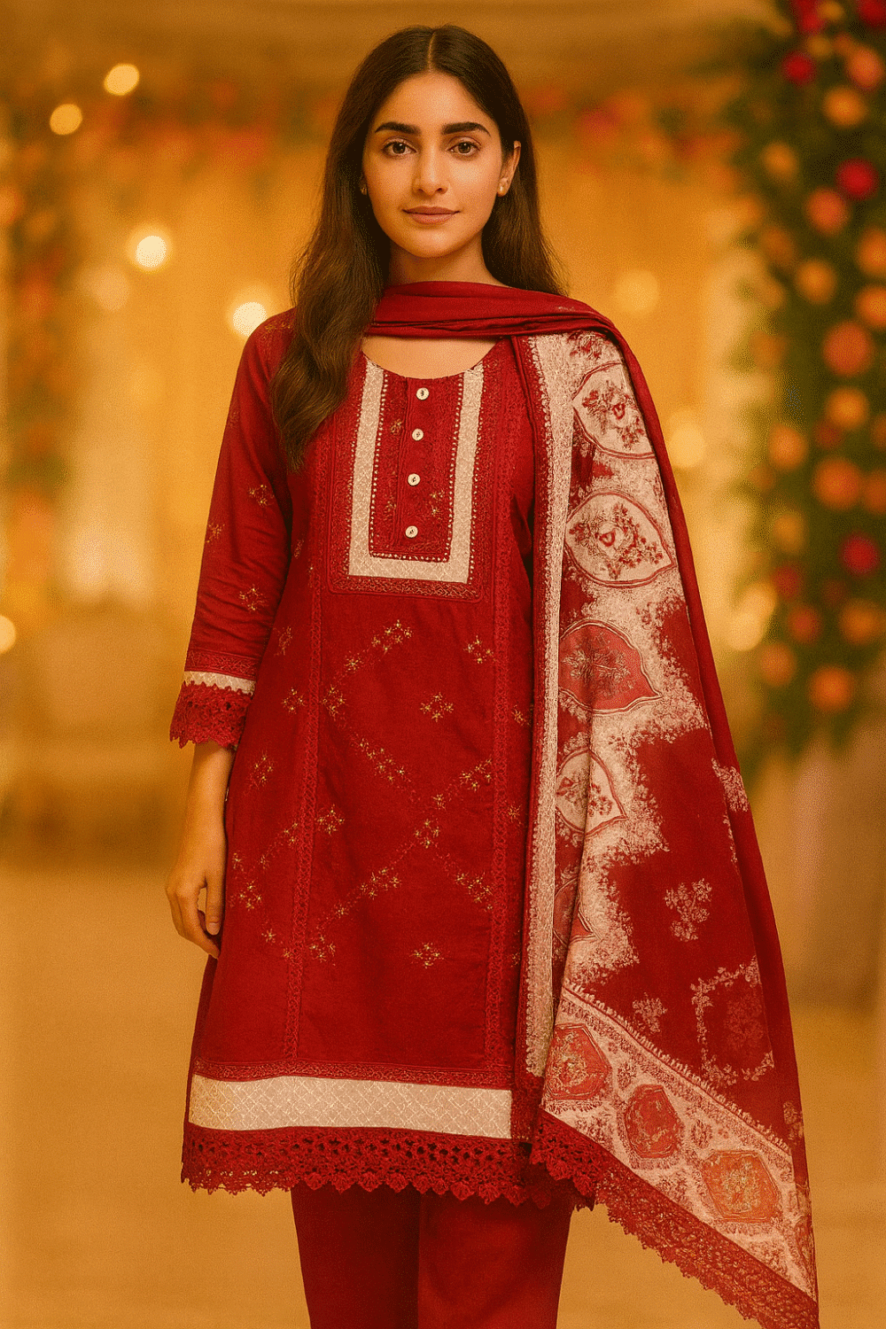 Red & White Suit with Printing, Lacework & Embroidery